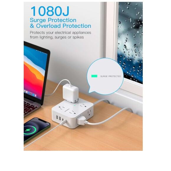 Surge Protector Extension Cord 5 Ft Ultra Thin Flat Plug 8 Outlet 4 USB Ports S1 - Picture 5 of 8